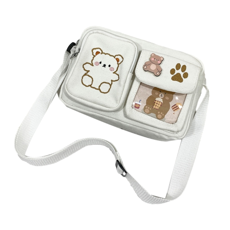 & Compact Canvas Shoulder Bag Bag with Bear Embroidery for Teens