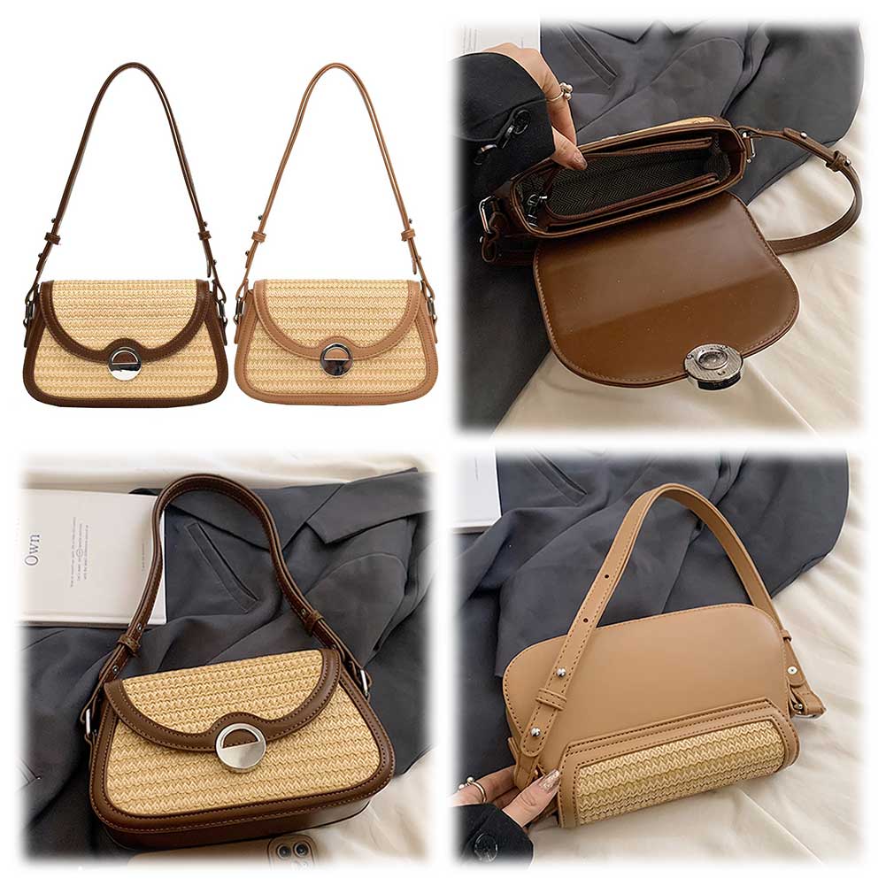 Women Straw Woven Bag Large Capacity Weaving Underarm Bag Patchwork Fashion Shoulder Bag Adjustable Strap for Party Vacation