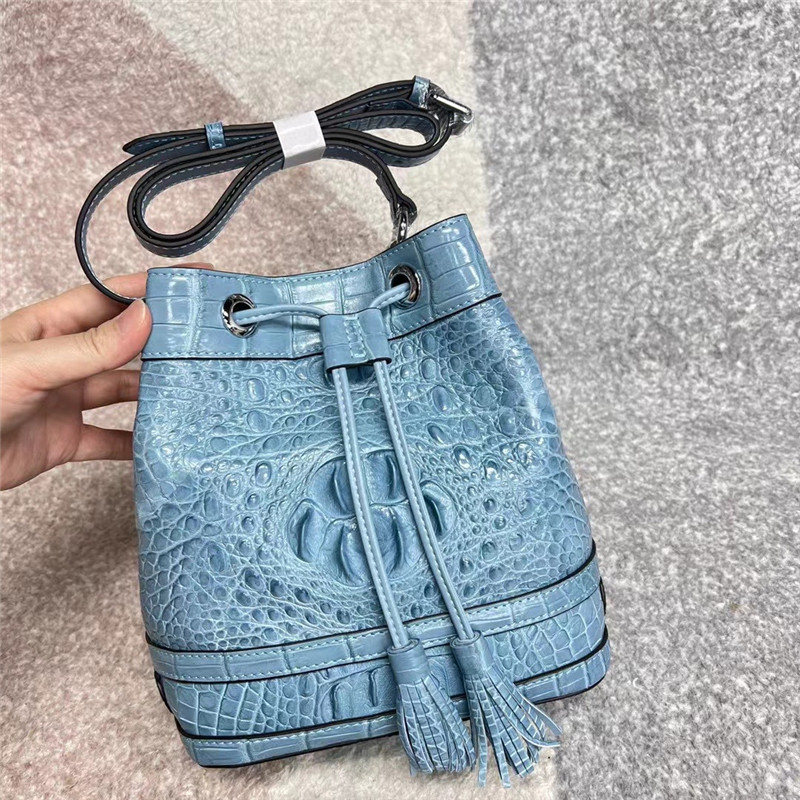 Authentic Alligator Leather Baby Blue Women Small Bucket Purse Genuine Crocodile Skin Lady Tassel Bag Female Cross Shoulder Bag