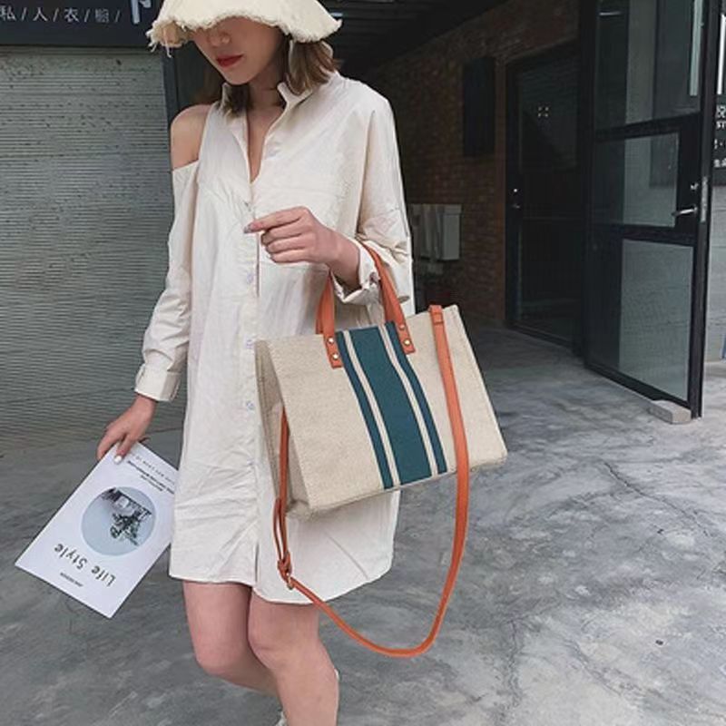 Simple Fashion Large-capacity Handbag For Ladies Vintage Striped Tote For Female Portable Ol Business Briefcase Korean Style