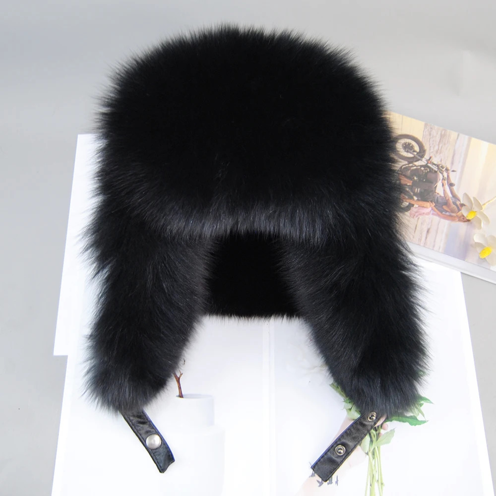 Winter Mens 100% Real Silver Fox Fur Pilot Bomber Hat Raccoon Fur Usanka Hat Hunter Russian Mens Ski Hat Real Leather 241106