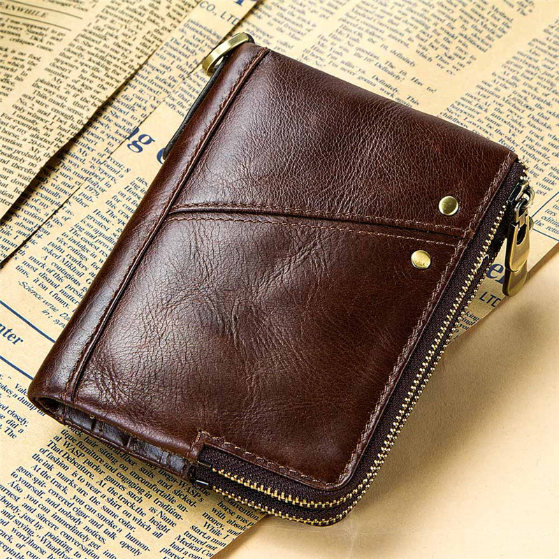 Vintage Man Wallet Rfid Small Purse Cow Leather Mini Purse Male Short Wallet Double Zipper Coin Purses Men Wallet Card Holder