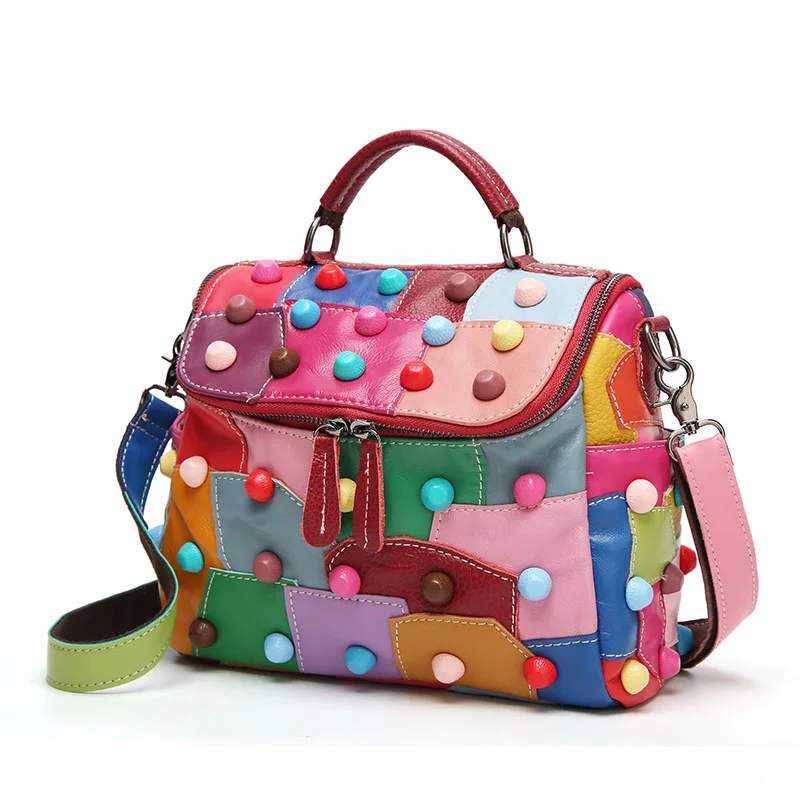 Women's Message Bag Soft Leather Girls Patchwork Multicolor Street Travel Shoulder Bags
