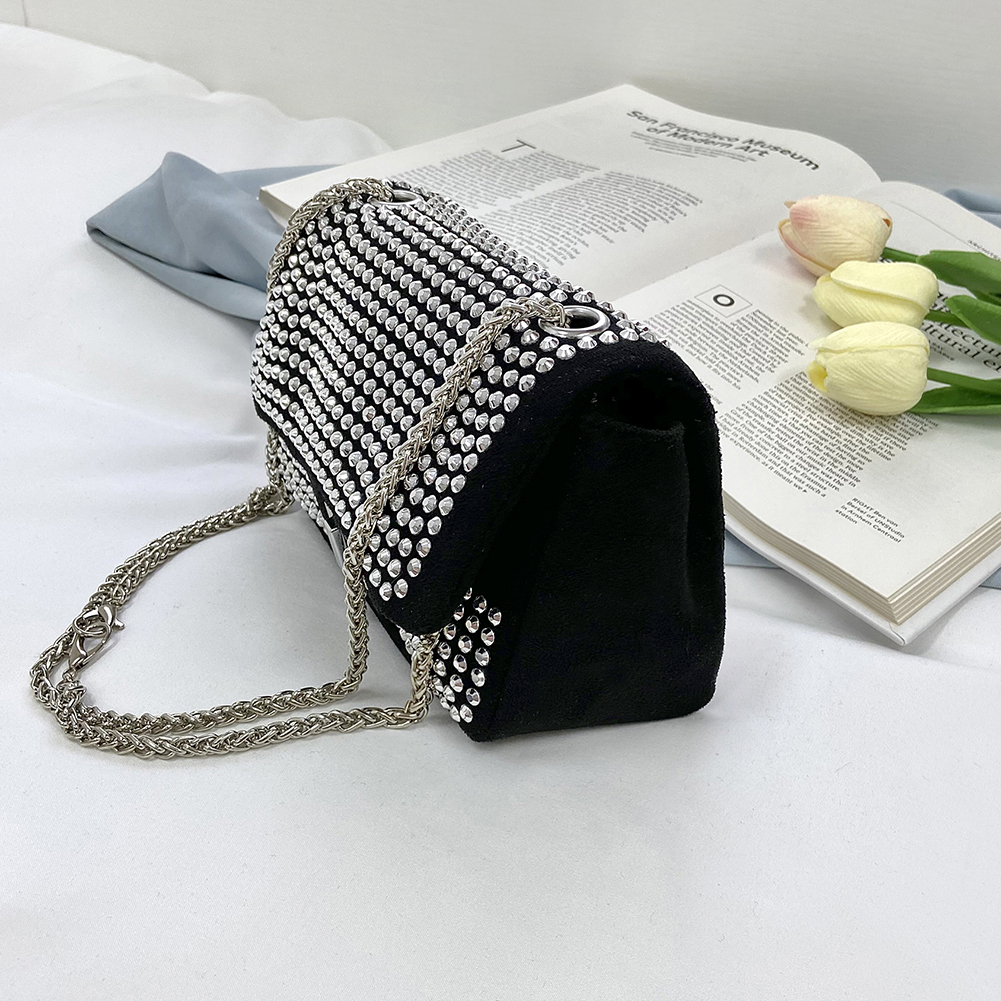 Vintage Leather Rhinestone Crossbody Bag Women Glitter Chain Shoulder Bags