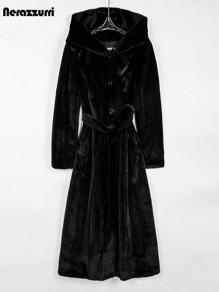 Sapphire Winter Long Fluffy Soft Warm Fluffy Artificial Mink Coat Womens Hooded Single Chest Elegant Coat 241107