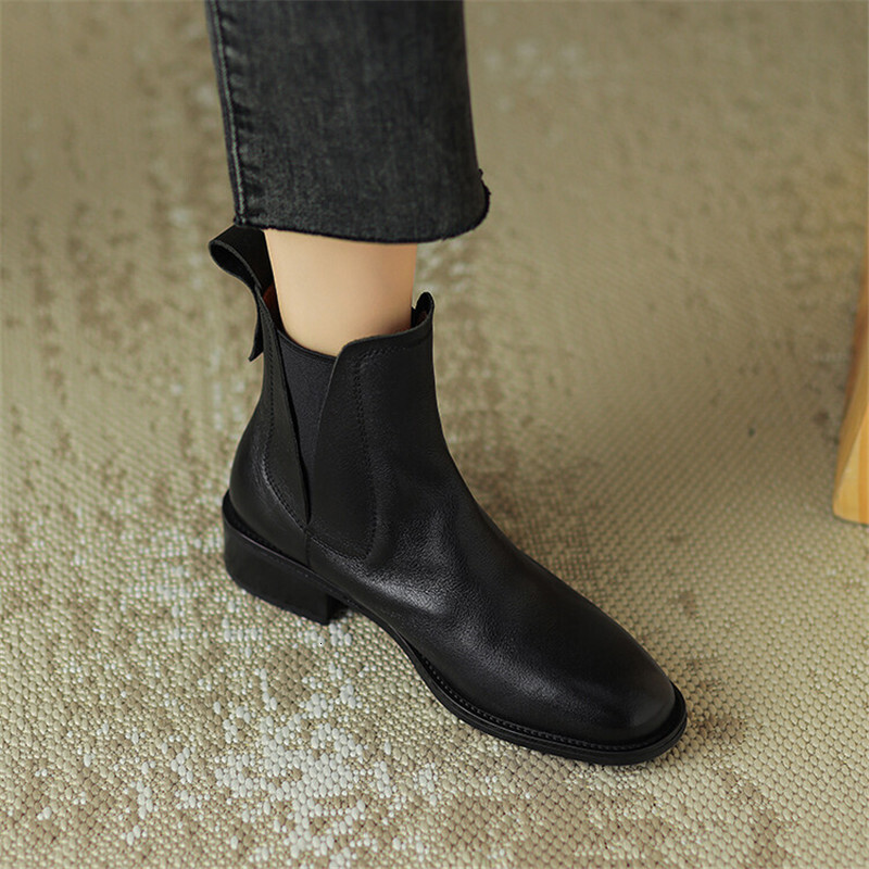 Genuine Leather Short Autumn/Winter Shoes Round Toe Chunky Heel For Women Fashion Retro Ankle Boots Handmade