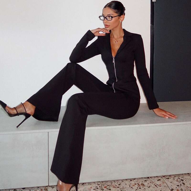 Talenza Black 2-Piece Set Women's Autumn Solid Long Sleeve Lapel Zipper Top Slim Elegant Pants Suit Outfits Y2k