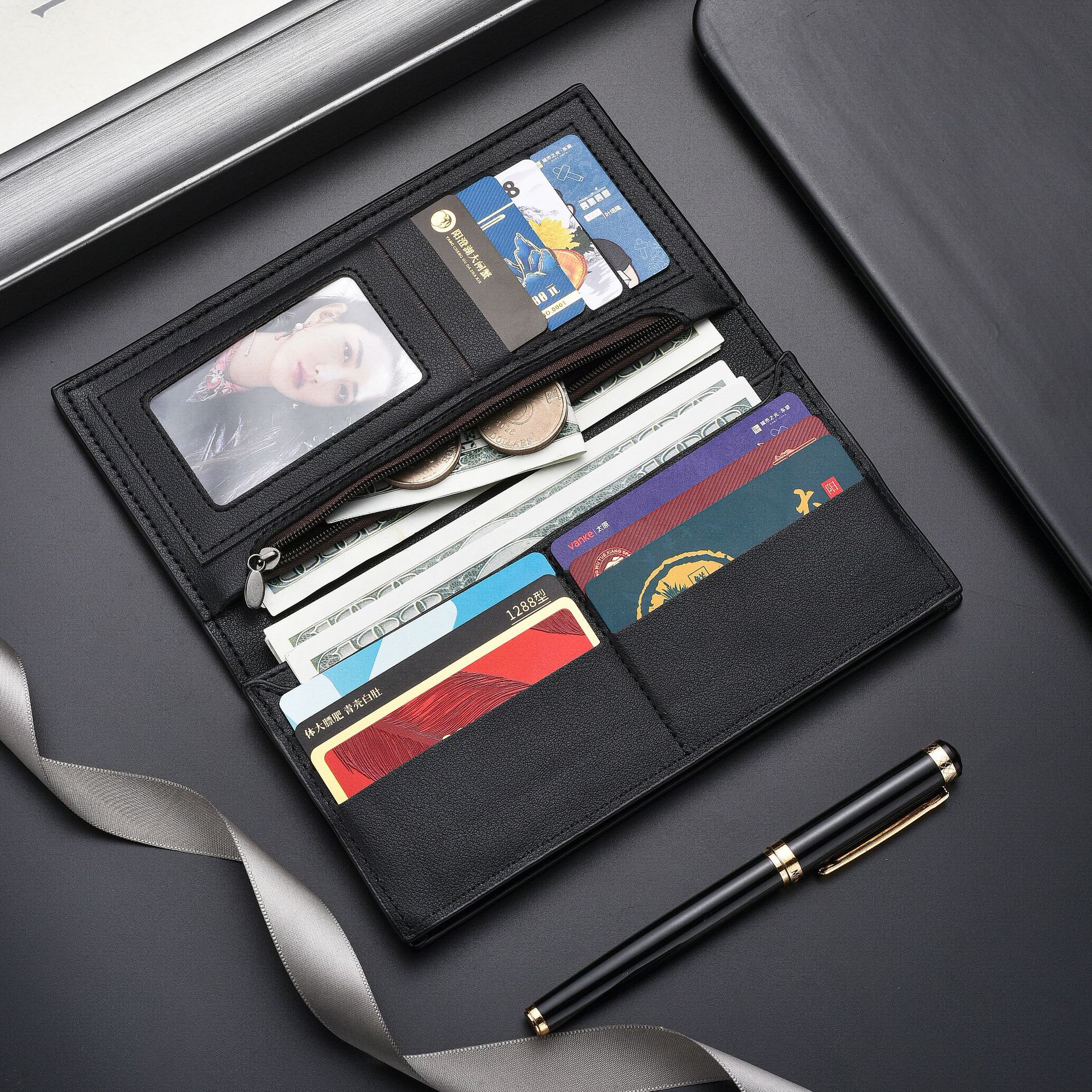 Men's Wallet Soild Color Retro Long Clutch Bag Leather Business Card Holder Coin Purse Money Clip with Jeep Letter Luxury Bag
