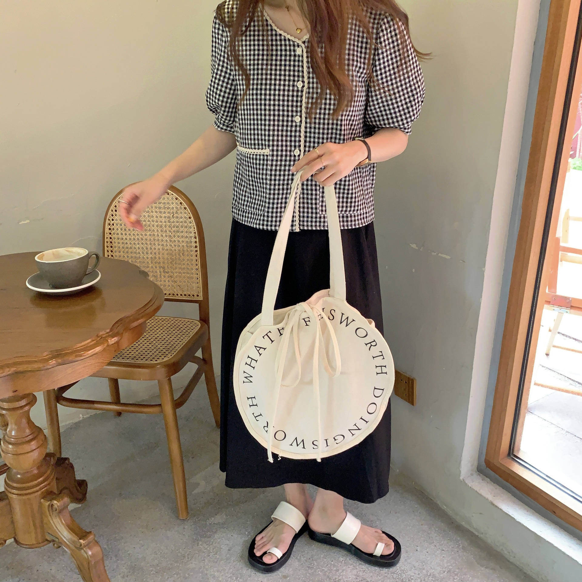 Hylhexyr Women's Round Shoulder Bag Letter Canvas Bags Simple Large Capacity Portable Casual Handbag Tie Rope
