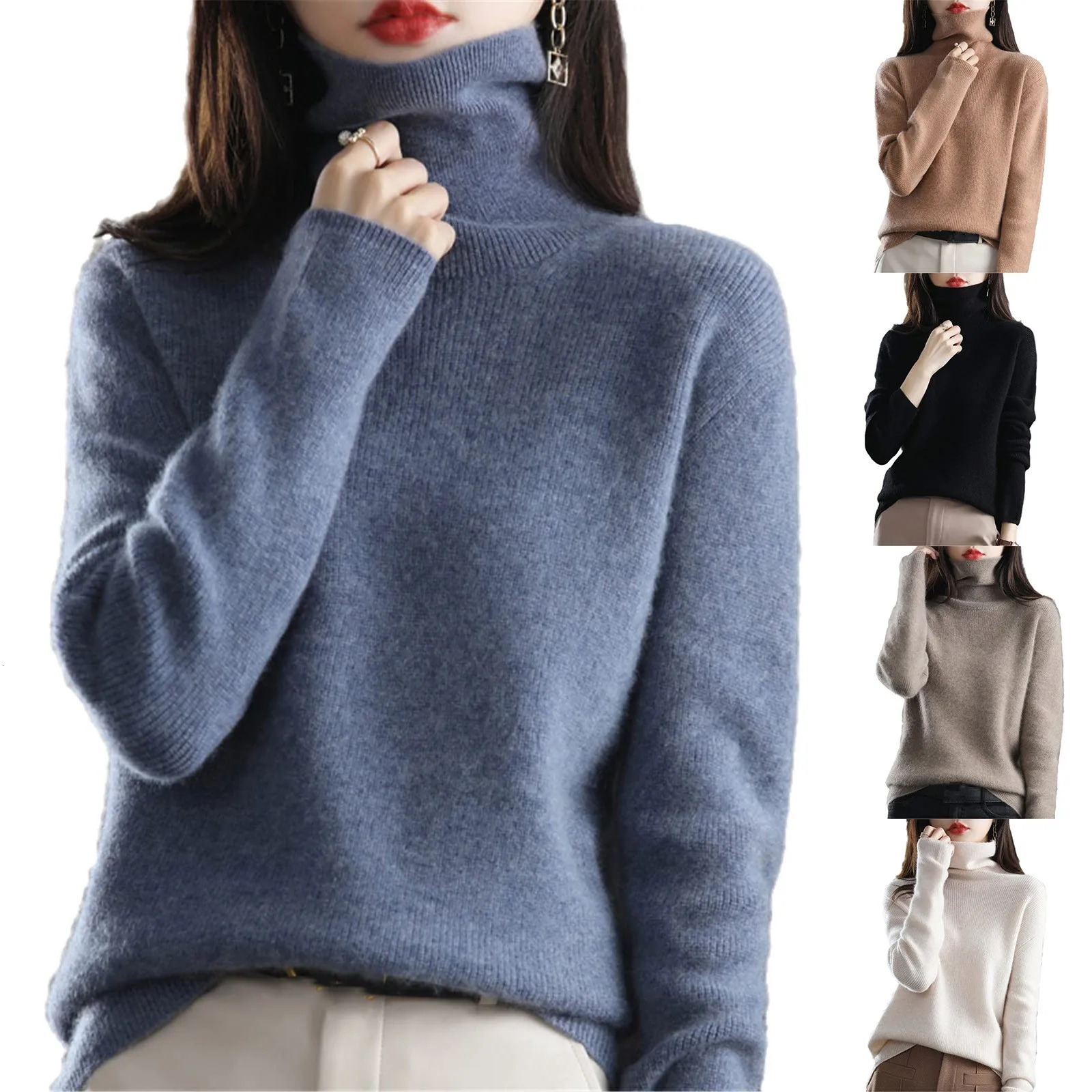 Womens Sweater Pullover Cashmere Pullover High Neck Wool Casual Knit Tops Autumn Winter Jacket Warm Pullover 241107