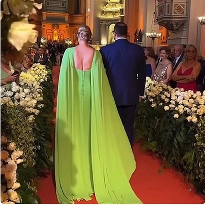 Elegant Limen Green Evening Dresses Cape Sleeves Chiffon Long Formal Occasion Gown For Women 2024 Sexy Backless Prom Dress Back Buttons Simple Chic Mo
