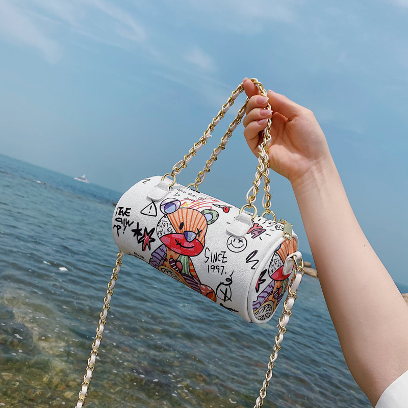 2021 Summer New Kawaii Cute Shoulder Bag Female Bear Graffiti Underarm Cylinder Bag Female Chain Shoulder Messenger Bag