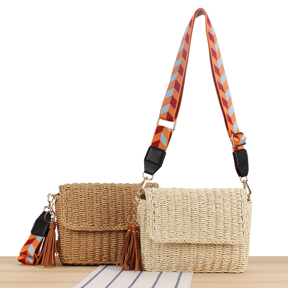 Women Retro Straw Handbag Large Capacity Straw Crossbody Bag Solid Color Weaving Satchel Bag Ladies Summer Daily Bag