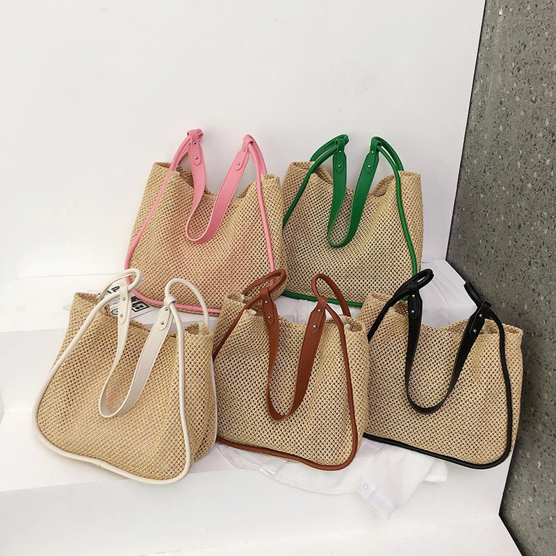 Straw Bag Women Hand-Woven Handbag Quality Leather Shoulder Bags Beach Lager Capacity Shopping Bag Rattan Bucket bolsos 241031