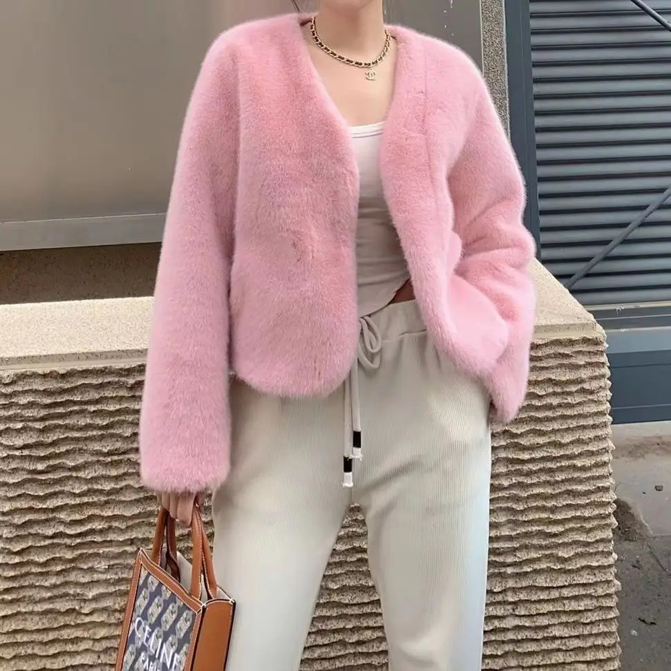 Korean style womens winter faux mink coat high-quality lace jacket long loose thick warm jacket 241107