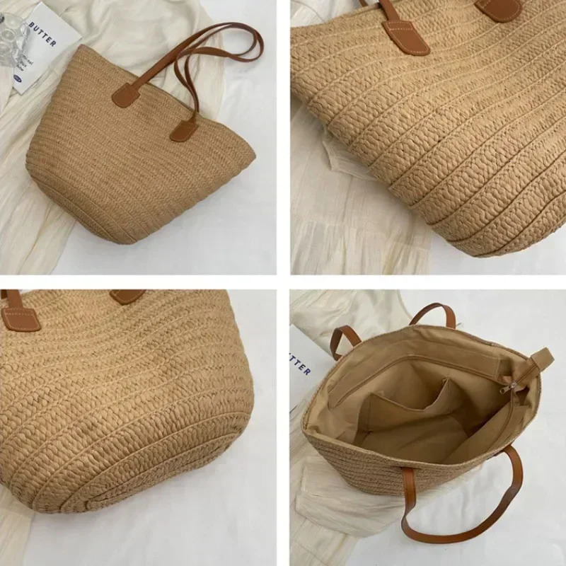 Womens woven basket handbag top handle handbag large straw portable shoulder bag summer beach party wallet shopping bag 241107