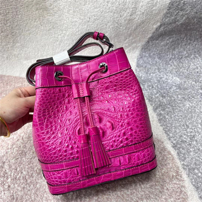 Authentic Alligator Leather Baby Blue Women Small Bucket Purse Genuine Crocodile Skin Lady Tassel Bag Female Cross Shoulder Bag