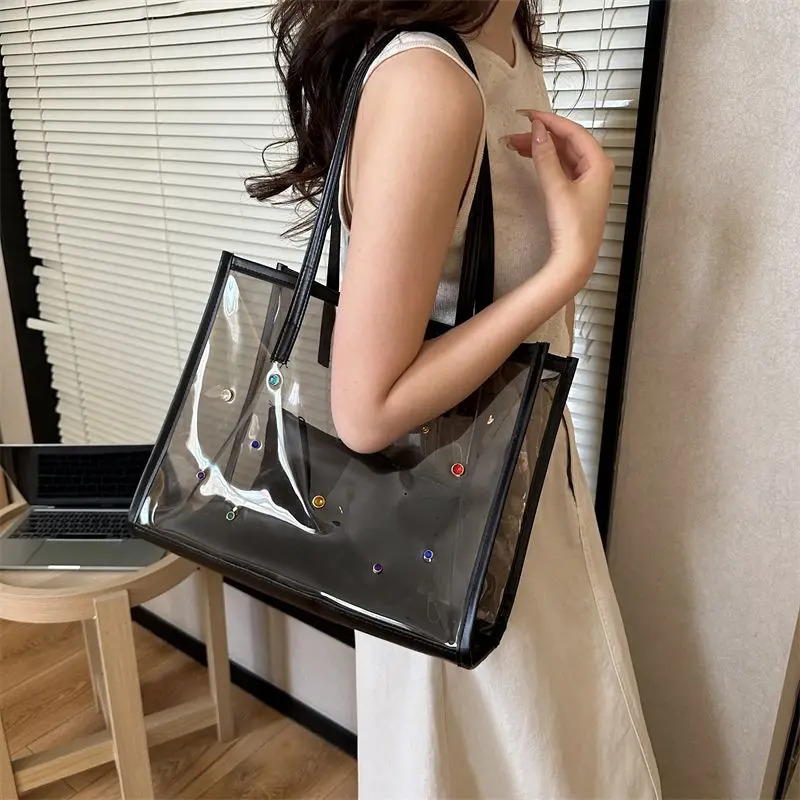 transparent large capacity womens bag two-piece set frosted jelly fashionable one shoulder street jelly handbag 241107