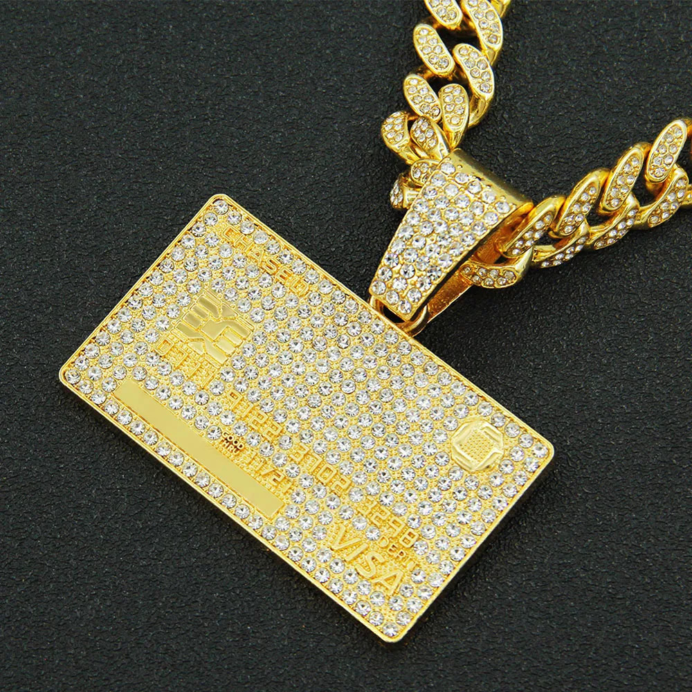 Mens Hip Hop Full Iced Out Credit Card Pendant Necklace With 13mm Width Cuban Chain Gold Color Necklaces Charm CZ Jewelry Gift 241106