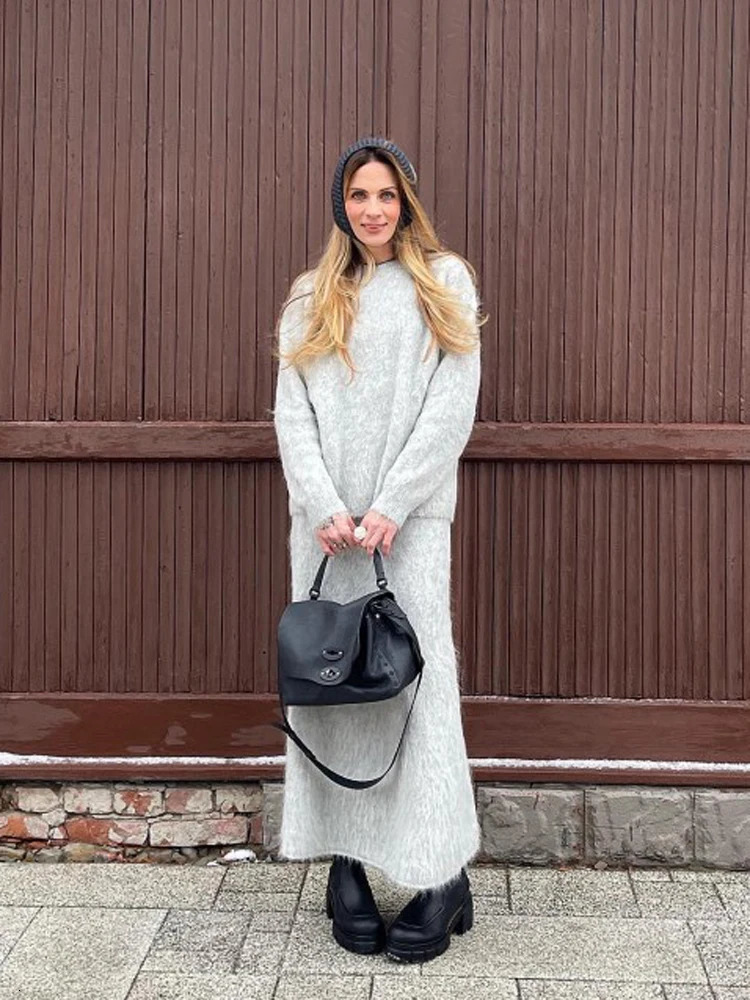 Women Elegant Solid Mohair Skirt Outfits Autumn Knit O Neck Pullover Sweater 2 Piece Sets Female Loose Long Skirts Fashion Suits 241107