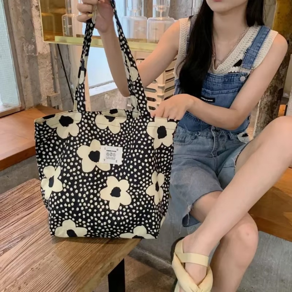 Women 2024 New Canvas Floral Shoulder Bag Large Capacity Printed Shopping Female Fashion Casual Open Handbag