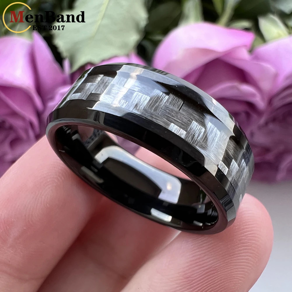 Mens Fashion 6mm 8mm Tungsten Carbide Ring Mens Engagement and Wedding Ring Grey Carbon Fiber Inlaid Comfortable Fit 241106