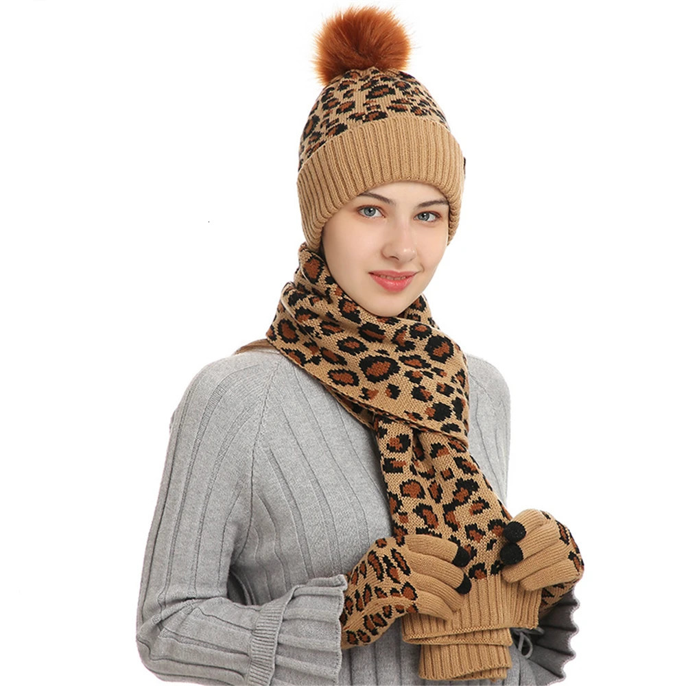 Womens Winter Warmth Set with Wool Lining Beanie Telefingers Gloves Thick Scarf Knitted Muffler Hat Leopard Neckerchief 241107