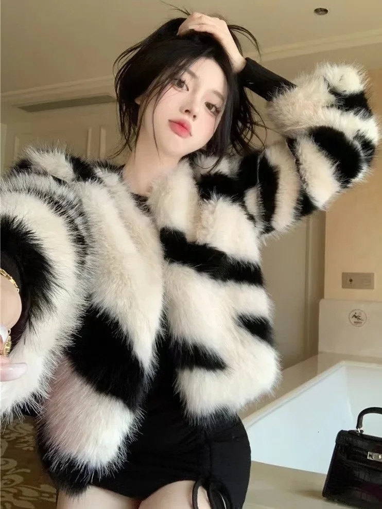 Korean fashion faux mink coat womens winter clothing Socialite style high-end warm casual zebra short fur jacket womens top 241107