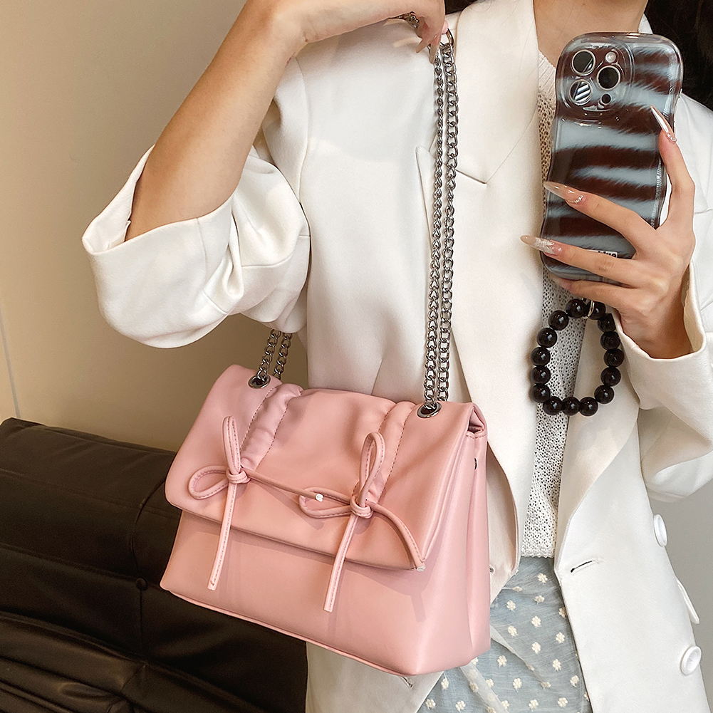 Bow Tie Shoulder Bag with Chain Strap PU Leather Y2K Purse Flap Satchel Purse with Hasp Closure Underarm Bag for Women and Girls