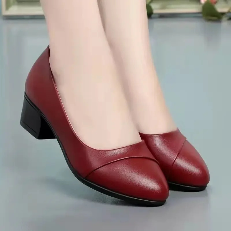 Shoes Women Mid Heel Office Lady Pumps PU Leather Black Basic Square Heeled Spring Autumn Loafers Female Zapatos 241106