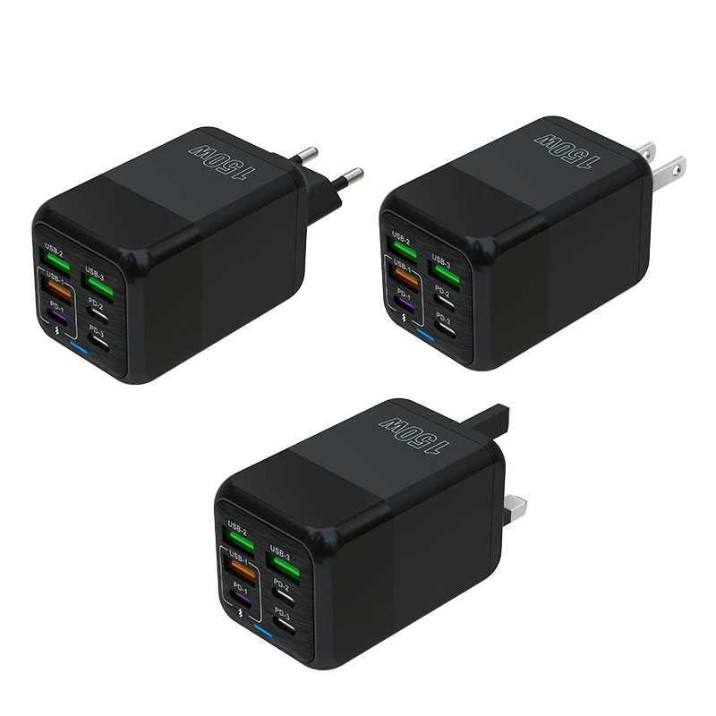 US/EU/UK 6-port mobile phone charger fast charging adapter 150W 4 USB 2 Type C Wall Fast Charger for iPhone Y241106