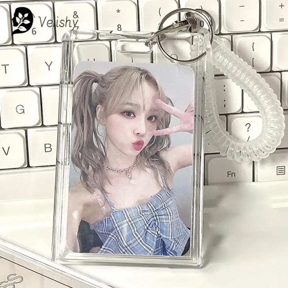 Transparent Acrylic Card Holder Horizontal/Vertical Photocard Holder With Keychain Spring Rope New Fashion Bus Card Protector