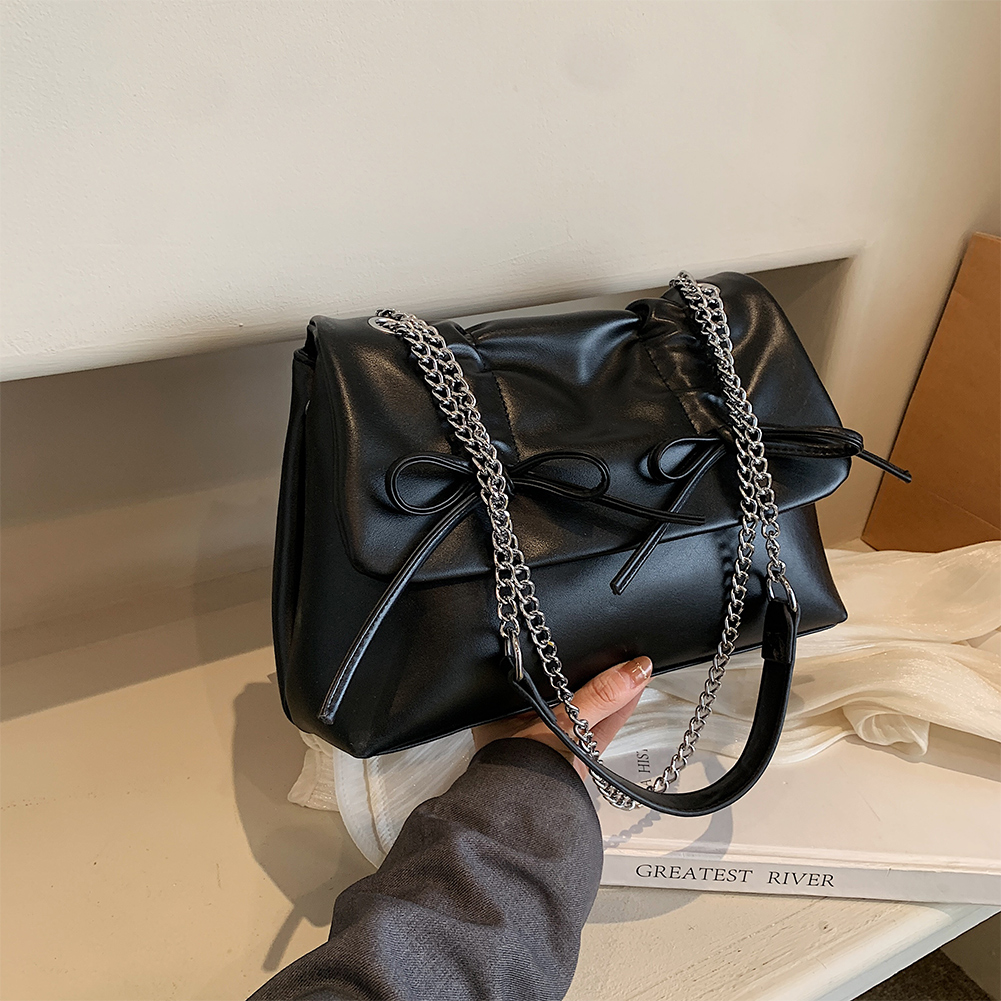 Bow Tie Shoulder Bag with Chain Strap PU Leather Y2K Purse Flap Satchel Purse with Hasp Closure Underarm Bag for Women and Girls