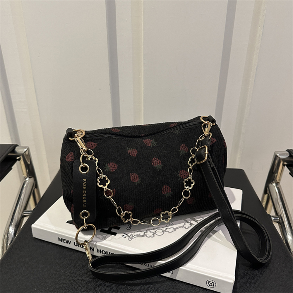 Cute Strawberry Print Shoulder Bag Corduroy Trendy Crossbody Bag with Adjustable Strap Designer Tote Bag for Women
