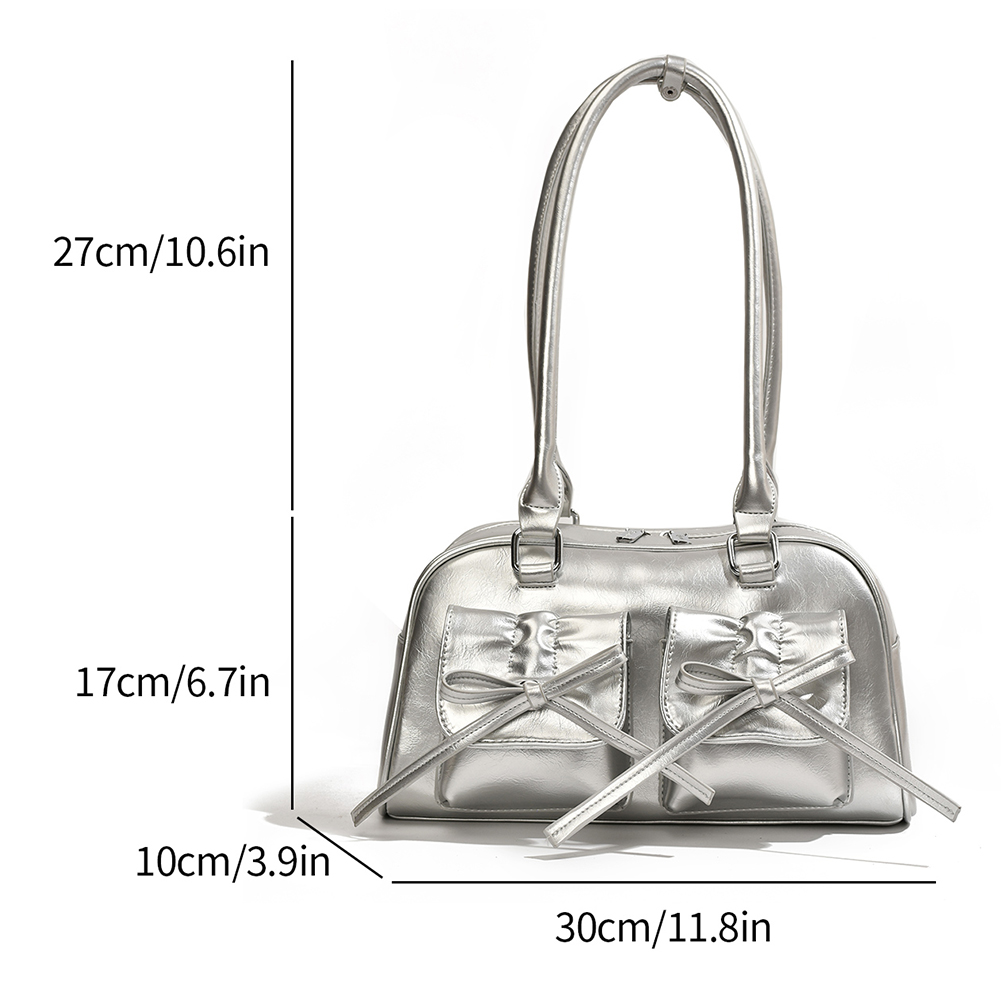 Shoulder Bags for Women 2024 PU Leather Double Pockets Design Female Sliver Red Underarm Bag with Bow Lady Handbags and Purses