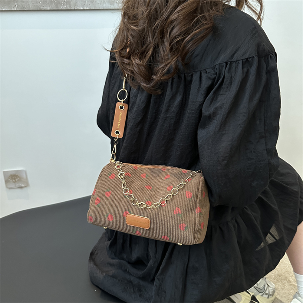 Cute Strawberry Print Shoulder Bag with Zipper Corduroy Messenger Bag with Adjustable Strap Crossbody Purse for Women Girls