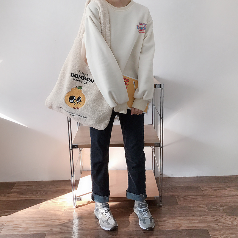 Women Berber Fleece Fabric Shoulder Bag Plush Handbag Embroidery Canvas Tote Large Capacity Shopping Bag Cute Book Bags For Girl