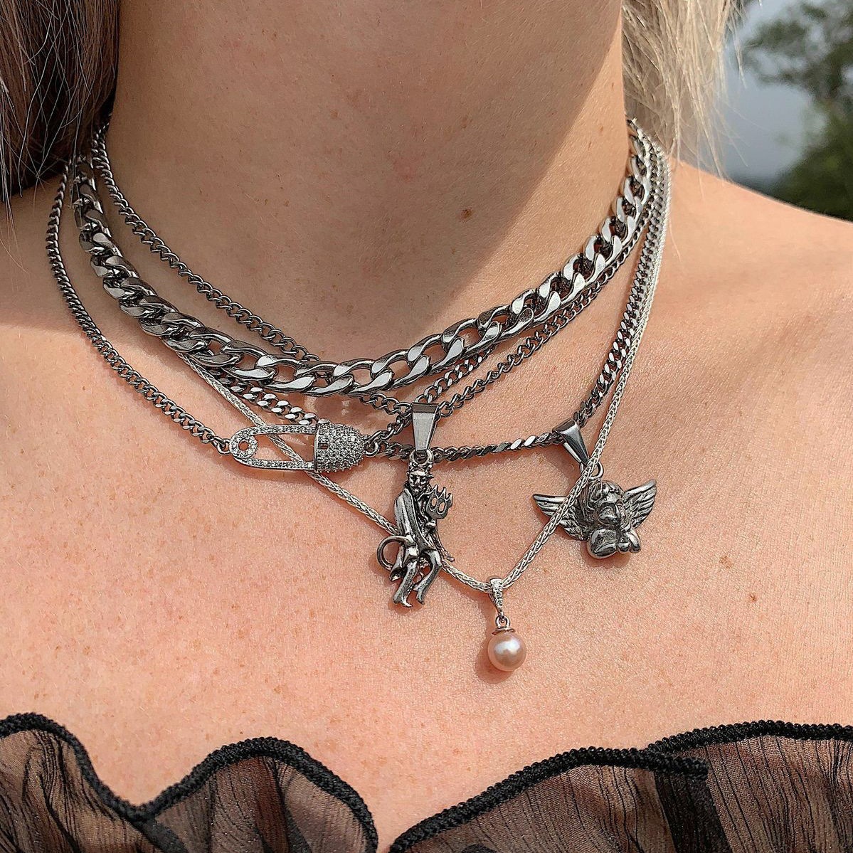 European and American Retro Popular Metal Chain Layered Necklace New Antique Silver Devil Angel Pearl Pendant Multi-layer Necklace