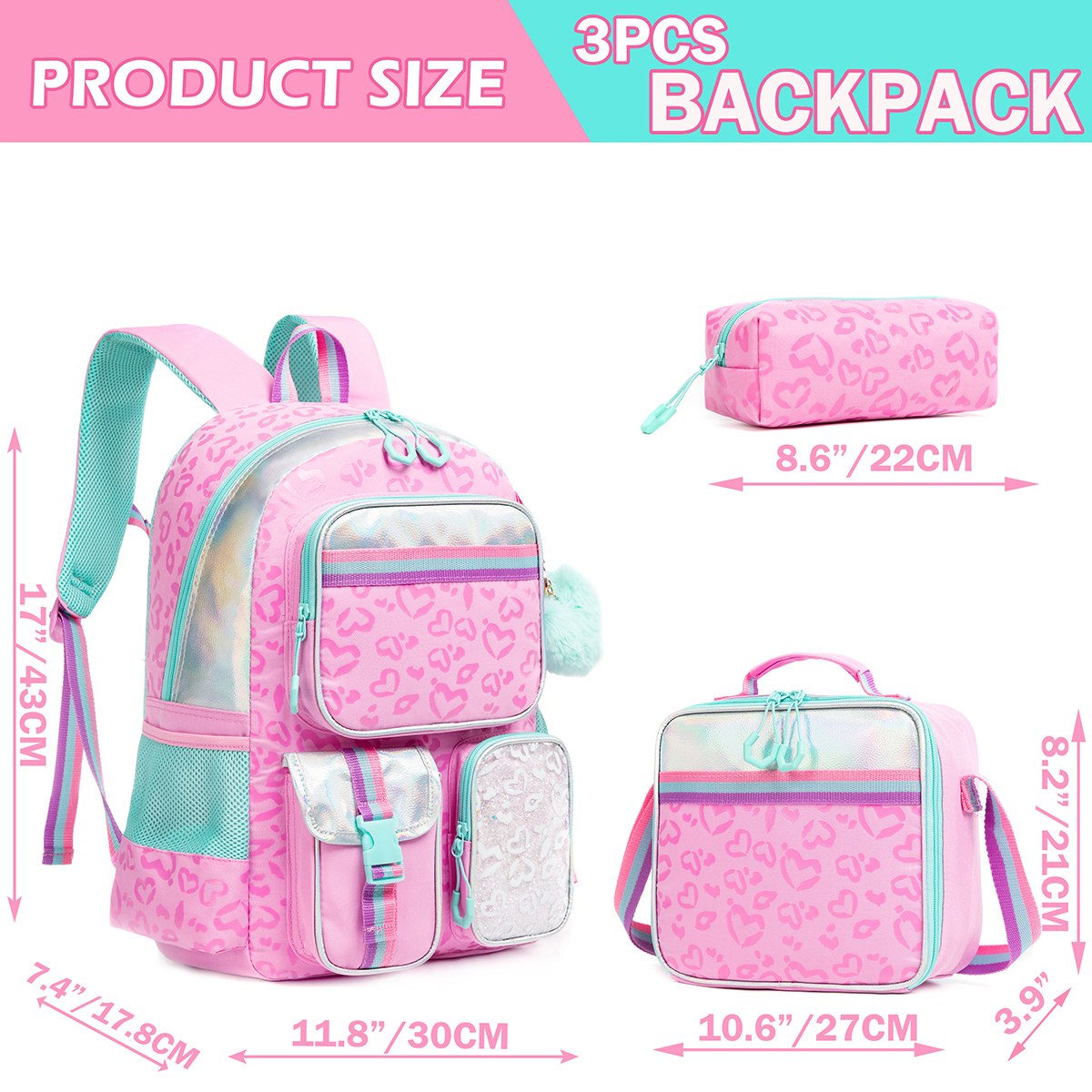 Meetbelify Girls' Multifunctional Heart Printed Pattern with Lunch Bag Pencil Bag for Studying Travel and Picnic