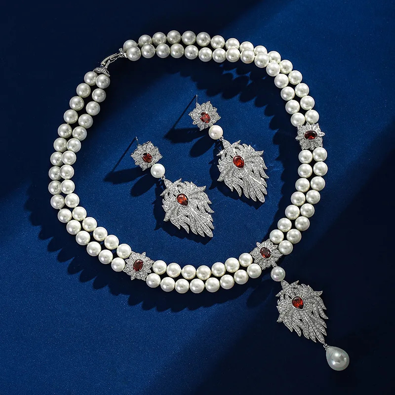 French Vintage Pearl Necklace Earring Set Flower Square Zircon Necklace Fashion Light Necklace 241106