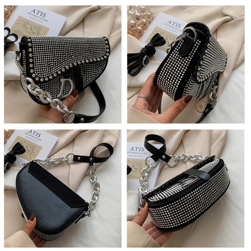 Women's Bag 2024 Trend High-Grade Thick Chain Bright Diamond Luxury Designer Crossbody Bags Fashion Exquisite Small Saddle Bag
