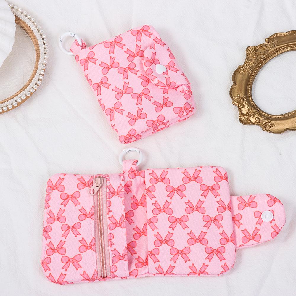 Bow Print Pink Coin Purses Canvas Small Zipper Cash Wallet Large Capacity Card Holder Girls Casual Storage Bag For Women