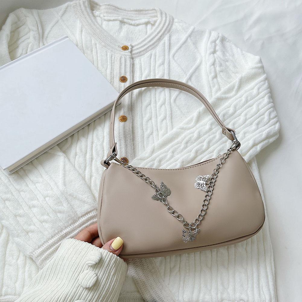 Stylish Butterfly Chain Shoulder Shopping Bags Women Small Pure Color Handbags Daily PU Leather Underarm Bags