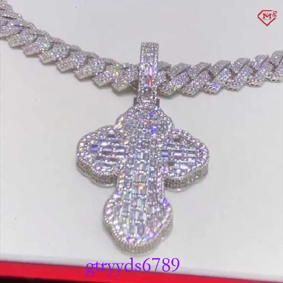 Hip Hop Cross Charm Baguette Cut VVS S Moissanite Cuban Chain With Pendant