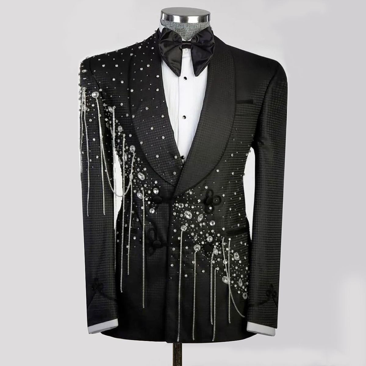 Crystals Beaded Suits Men Double Breated Jacket Pants 2 Pieces Groom Wear Tuxedos Custom Made Man Business Dinner Party Clothing