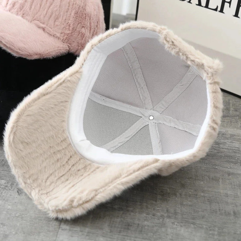 Autumn Womens Winter Rabbit Fur Solid Baseball Hat Womens Cute Thick Plush Adjustable Couple Hat 241107