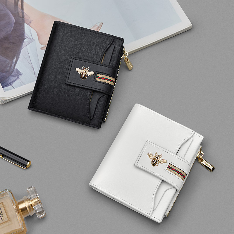WILLIAMPOLO Bee Wallet Women Short Small Purse Card Case Simple Ladies Female Fashion New Design Genuine Leather