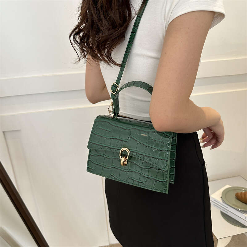 Solid color women's 2023 new crossbody casual hand-held small square temperament stylish single shoulder crocodile pattern bag