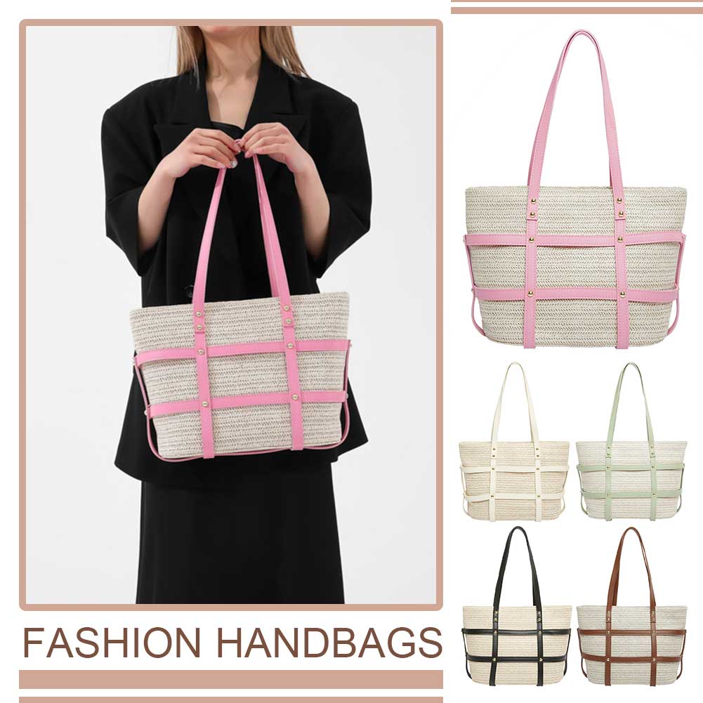 Women Straw Tote Handbag PU Patchwork Weaving Travel Bag Large Capacity Minimalist Tote Bag Ladies Summer Daily Bag
