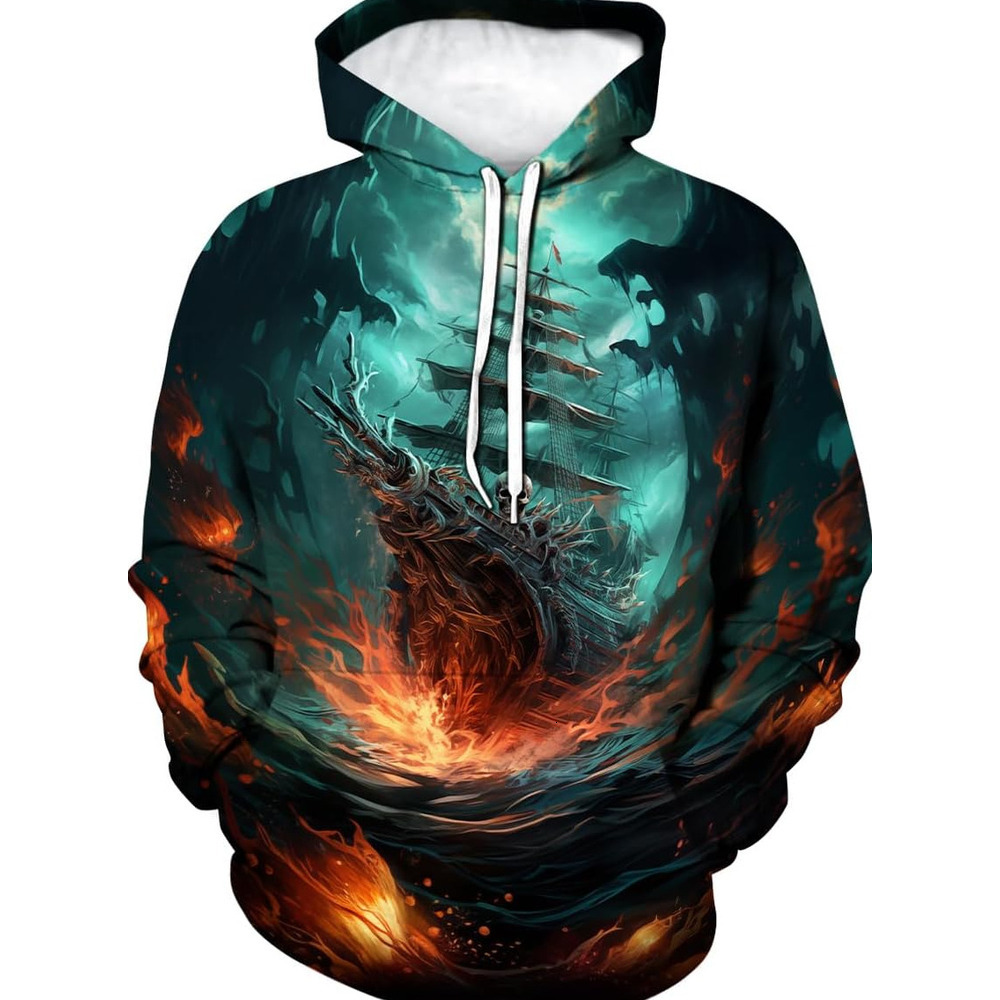 Hoodie for Mens Womens Funny Pirate Hoodie Pirate Ship Graphic Sweatshirt Graphic Hoodies sweatshirt Cool green pirate ship pattern